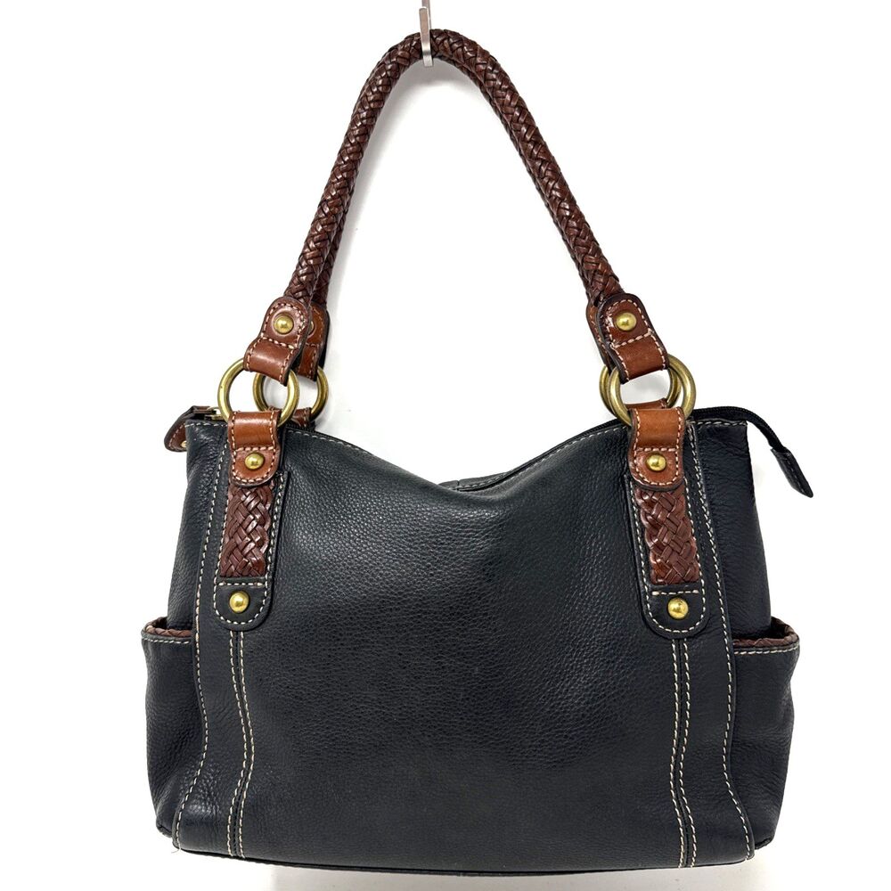 Y2k Fossil Black Pebbled Leather Shoulder Bag Western Brown Thick Braided Handle